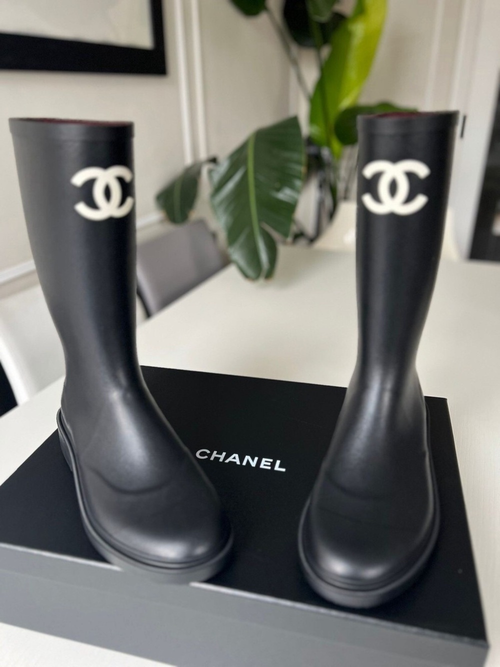 CHANEL Black Rain Boots with White CC Logo brand new!!